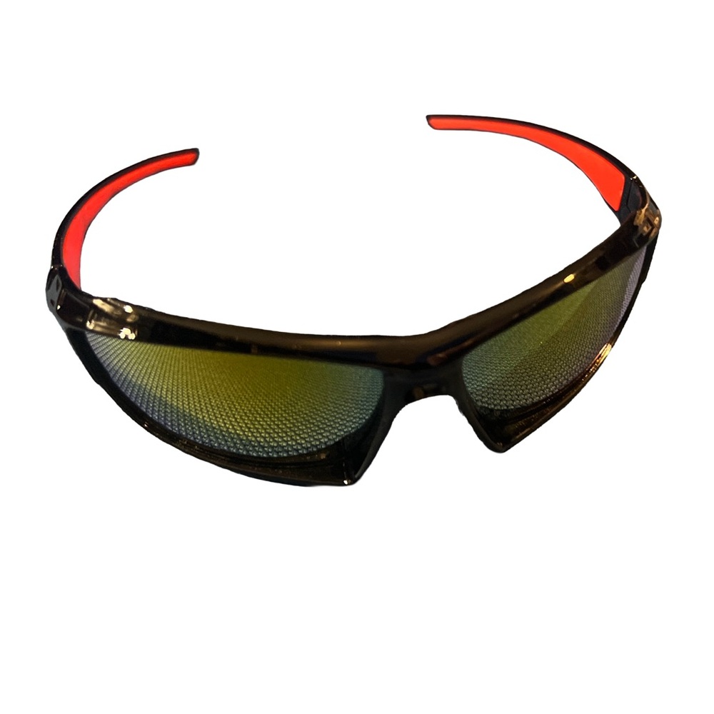 Stylish Black and Red with Yellowish Green Reflective Lenses Sunglasses, Unisex.